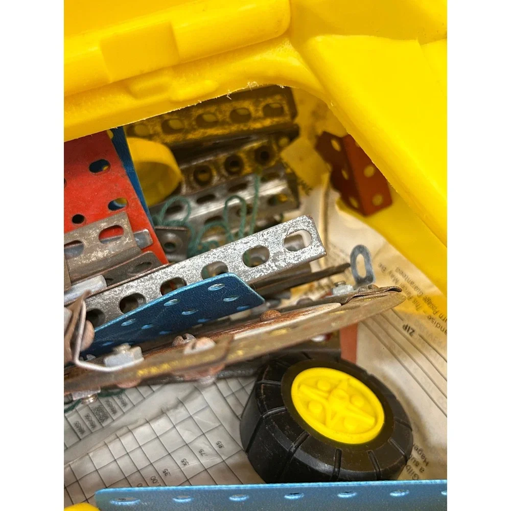 Vintage Gilbert Erector Set Mixed Lot Metal Building Parts Motor Yellow Case